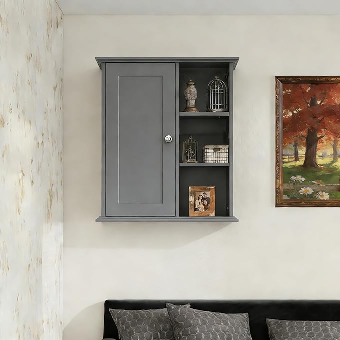 The Wide Usage Wall Medicine Cabinet with Storage Shelves & Anti-Dust Door for Bathroom, Living Room, Kitchen, Entryway,Bedroom (Gray)