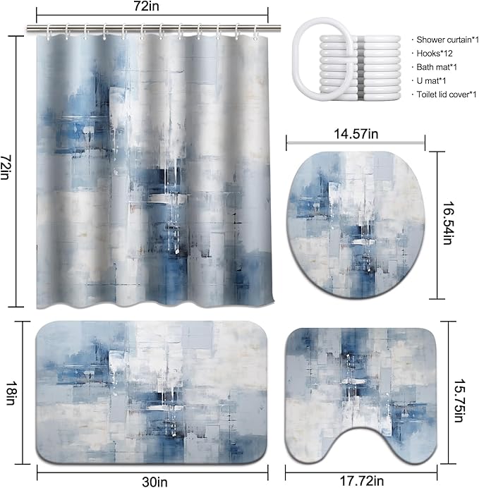 Lnond 4Pcs Bathroom Shower Curtain Sets with Rugs,Blue Grey Watercolor Painting Art Bathroom Sets with Shower Curtain and Rugs and Accessories