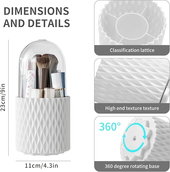 Makeup Brush Holder with Lid, 360?? Rotating Dustproof 5-Slot Cosmetic Organizer for Vanity Countertop, Spinning Brush Caddy with Cover for Lipstick, Hair Brush & Art Supply, White