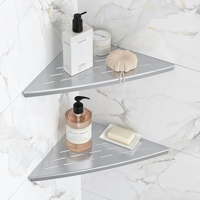 Qeke Corner Shower Shelf Brushed Nickel, 304 Stainless Steel 11.5” Recessed Corner Shelf Bathroom for Tiled Wall, Floating Shower Shelves Shampoo Holder, No Drilling, 2 Pack
