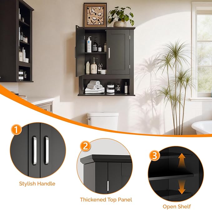 VINGLI Bathroom Wall Cabinet, Black Medicine Cabinet with Open Shelf & 2 Doors, Adjustable Hanging Storage Organizer Over Toilet, Wooden Cupboard for Kitchen Laundry Room Entryway