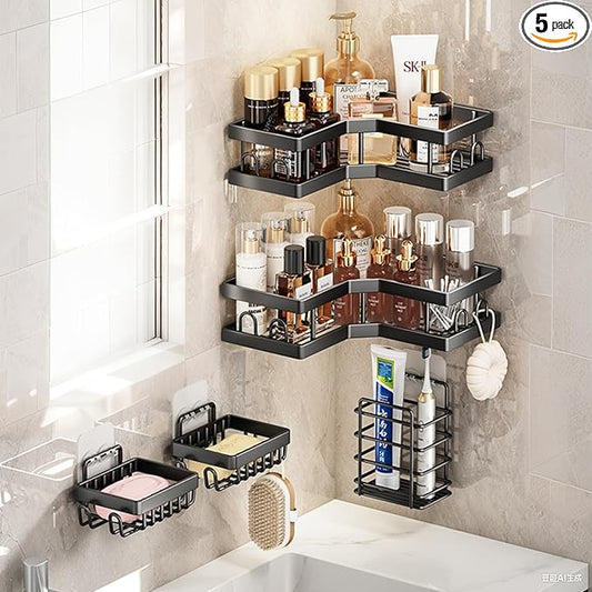 5-Pack Adhesive Shower Caddy - Rustproof Stainless Steel Bath Organizer, No-Drill Installation & Large Capacity | With Soap Dish & Toothbrush Holder, Multi-Functional Storage for Bathroom & Home Decor