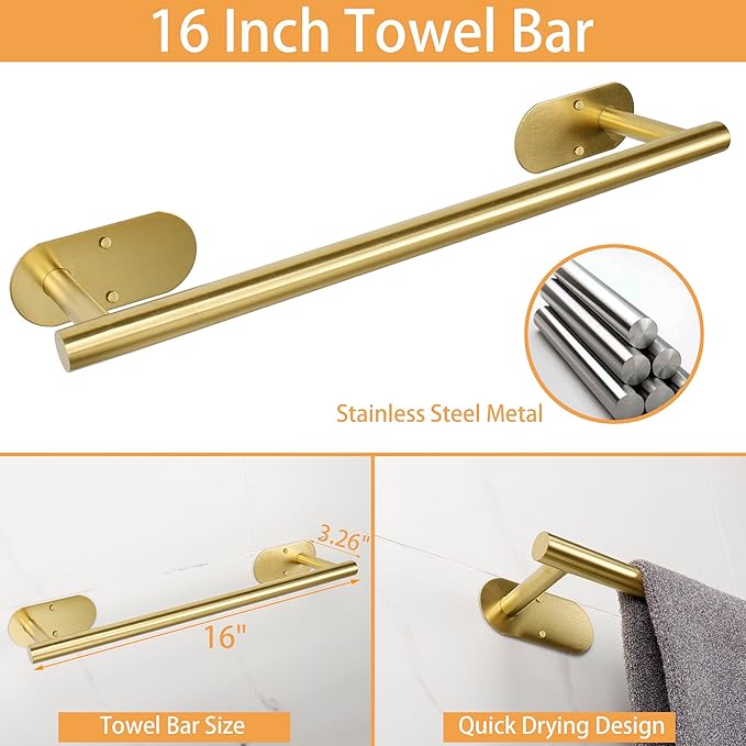 TocTen 5 Pieces Wall Mounted or Self Adhesive Towel Bar Set, Stainless Steel Bathroom Hardware Set Include 16″ Towel Rack, Toilet Paper Holder, 3 Towel Hook, Sticky Bathroom Accessory Kit (Gold)