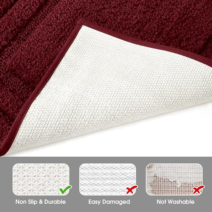 HOMEIDEAS Bathroom Rugs Sets 3 Piece, Super Soft and Absorbent Non Slip Microfiber Toilet Bath Mat with U-Shaped (Burgundy Red)