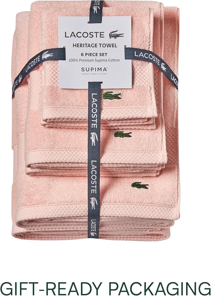 Lacoste Heritage Anti-Microbial Supima Cotton 6-Piece Towel Set, 2 Bath Towels, 2 Hand Towels, 2 Washcloths, Light Pink – Highly Absorbent & Quick Drying, Bathroom Essential, Machine Washable