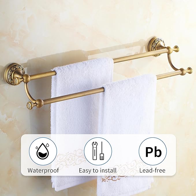 Antique Bronze Brass Double Towel Bar,Adjustable 15.5 to 27.5 Inch Bath Towel Bar Rack for Bathroom Towel Holder, Wall Mounted Bathroom Hardware Accessories,Pattern Carving Design