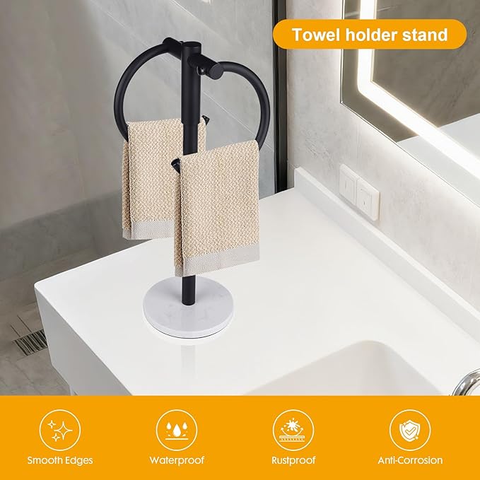 19 inch Matte Black Double hand Towel Holder Stand ,Hand Towel Bar Bathroom Vanity Countertop Towel Holder Free Standing,Towel Ring Hardware Accessories Towel Rack