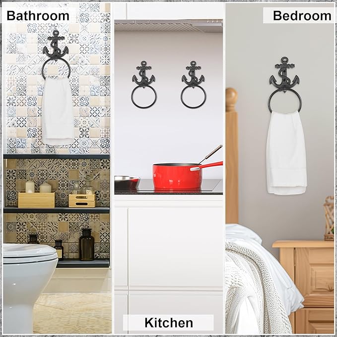 2 Pcs Nautical Towel Ring Cast Iron Anchor Hand Towel Holder Vintage Decorative Wall Mount Kitchen Bathroom Hanger for Ocean Nautical Bathroom Decor Accessories(Black)