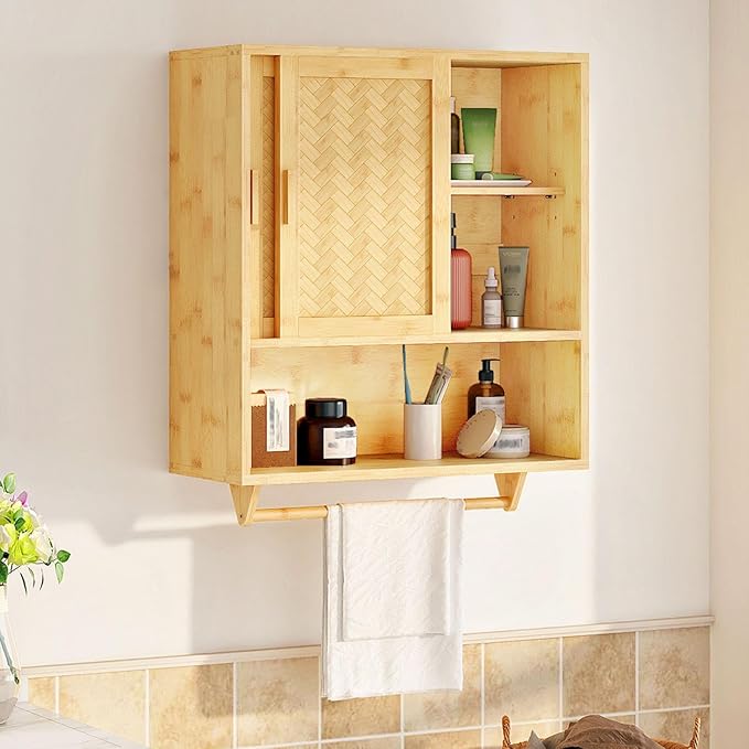 HOOBRO Bathroom Cabinet Wall Mounted, Bamboo Over Toilet Cabinet, Medicine Cabinet with Towels Bar & Adjustable Shelves, 23.6 x 7.9 x 28.5 Inches, for Bathroom, Laundry, Kitchen, Natural YL63CW01
