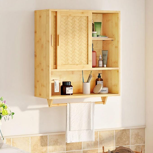 HOOBRO Bathroom Cabinet Wall Mounted, Bamboo Over Toilet Cabinet, Medicine Cabinet with Towels Bar & Adjustable Shelves, 23.6 x 7.9 x 28.5 Inches, for Bathroom, Laundry, Kitchen, Natural YL63CW01