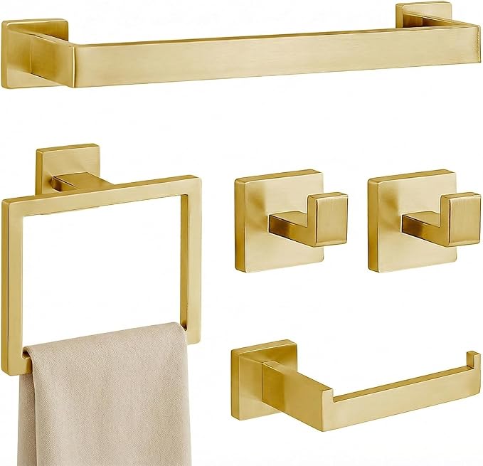 5-Piece Brushed Gold Bathroom Accessory Set, 16 Inch Bathroom Hardware Set, Towel Racks for Bathroom, SUS304 Stainless Steel Wall Mounted Bath Towel Bar Set