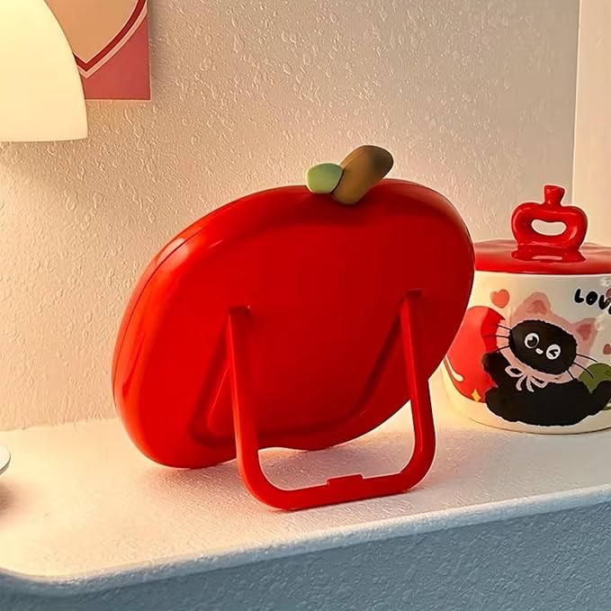 Apple Shaped Makeup Mirror - 6.22x6.3 Inch Portable Vanity Mirror with Stand, Cute Desk Decor for Bedroom, Bathroom & Office (Red)