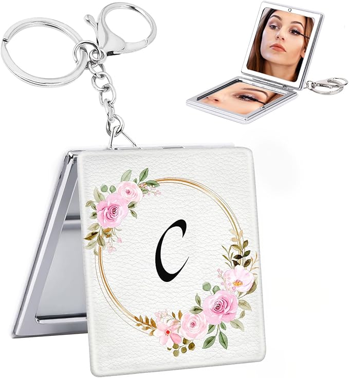 BAOSIWA Teen Girl Gifts Trendy Stuff, Cute Initial Compact Mirror Small Pocket Makeup Mirror with Keychain Travel Essentials for Gilrs (C)