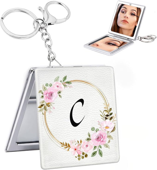BAOSIWA Teen Girl Gifts Trendy Stuff, Cute Initial Compact Mirror Small Pocket Makeup Mirror with Keychain Travel Essentials for Gilrs (C)