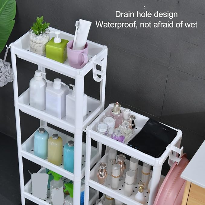 Narrow Freestanding Bathroom Shelf, Space Saving Storage Rack White Laundry Shelf for Bathroom Laundry Room Kitchen Bedroom Compact Areas (4 Layers)