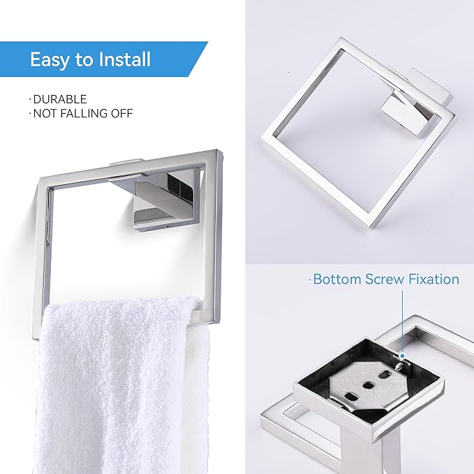 LANC Hand Towel Holder for Bathroom Wall Mount Chrome Silver 2-Piece Square Hand Towel Rings for Bath Kitchen Toilet SUS304 Stainless Steel Contemporary Style Shower Towel Towel Rack, A8896CP-P2