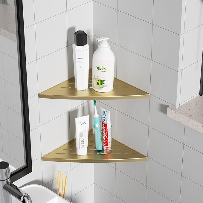 Qeke Corner Shower Shelf Brushed Golden, 304 Stainless Steel 11.5” Recessed Corner Shelf Bathroom for Tiled Wall, Floating Shower Shelves Shampoo Holder, No Drilling, 2 Pack
