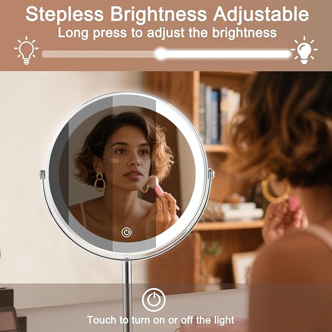 Flymiro Lighted Makeup Mirror,1x/10x Magnifying Vanity Mirror with Light,3000 mAh Rechargeable Light up Mirror,3 Colors Brightness Adjustable, 2-Sided, 8" Round,360° Rotation, Gift for Women