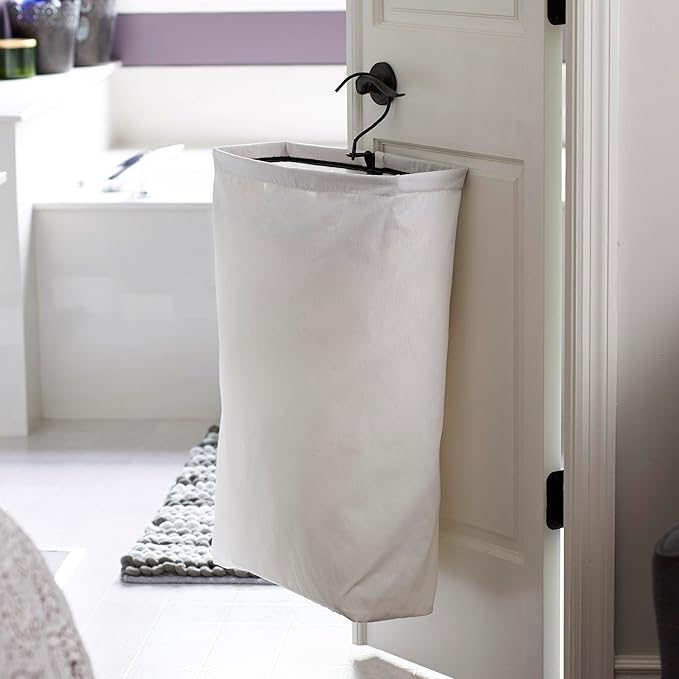 Household Essentials Door Hanging Laundry Bag, Washable Canvas Bag with Loop Handle, Holds Two Loads of Laundry, Great for Dorms and Small Spaces, White with Black Trim