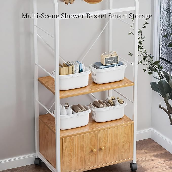 Pulseplay Plastic Shower Caddy Basket with Handle Portable Organizer Storage Basket with Drainage Holes for Bathroom College Dorm Bedroom Kitchen Gym (White)