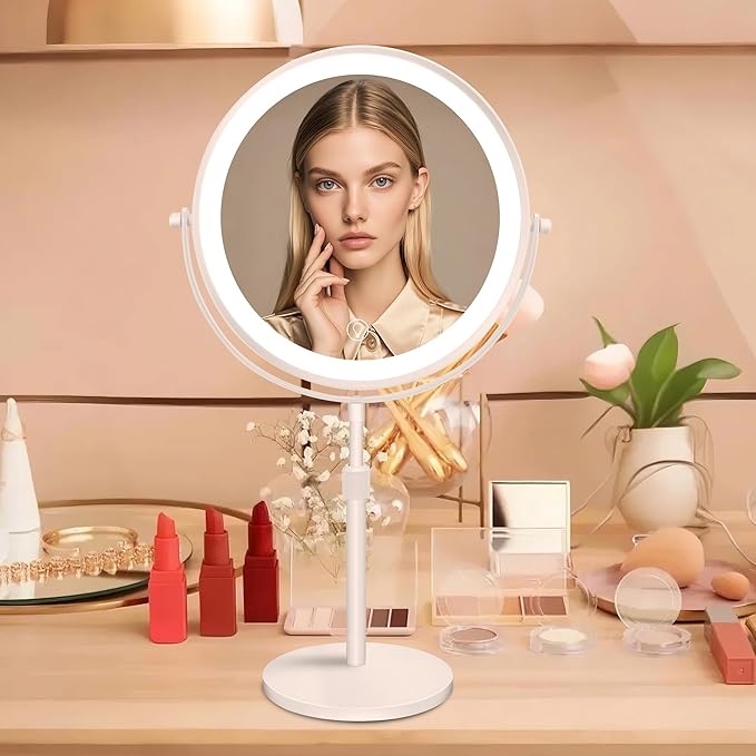 8.7" Large Lighted Makeup Mirror, 1X/10X Magnifying Mirror with 3 Color Dimmable Lights, Double Sided Vanity Mirror, Height Adjustable, 360° Swivel Cosmetic Mirror for Women Girl(White)