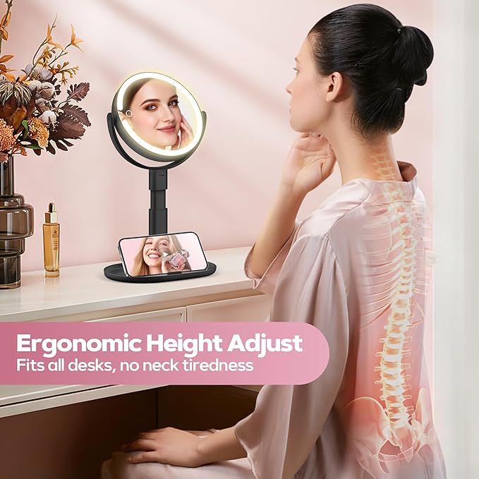 MOMOKUBA Makeup Mirror with Lights, 30X Magnifying & Height Adjustable, Lighted Magnifying Mirror with 3 Light Modes and Stepless Dimming, Vanity Mirrors for Bathroom, Birthday Gift for Women, Black