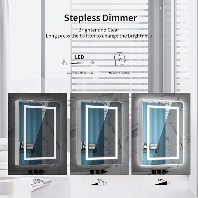 20" x 28" Bathroom Medicine Cabinet with Mirror,Medicine Cabinets with Large Storage,Single Door LED Bathroom Wall Cabinet with Shelves,Dimmer and Anti-Fog