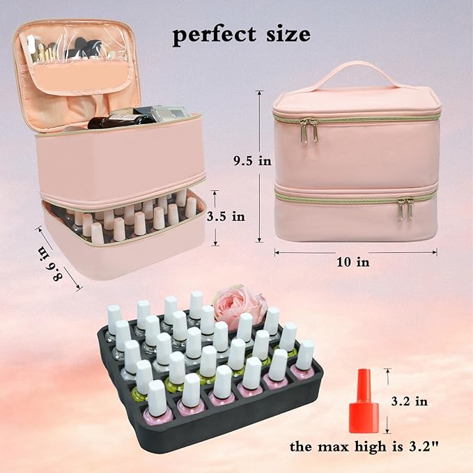 Nail Polish Organizer Case, Double-Layer Nail Supplies Organizer Holds 30 Bottles & Nail Lamp, Professional Nail Kit Storage Makeup Carrying Case (Pink)