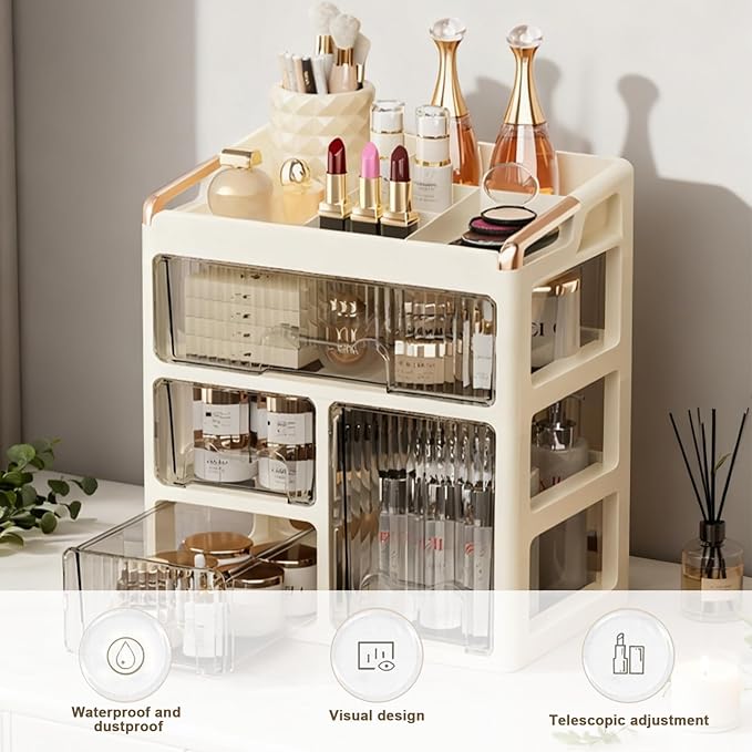 Makeup organizer, 1 large drawer+2 small drawers+1 vertical drawer, suitable for dressing tables, lipsticks, skincare products, and desktop storage boxes