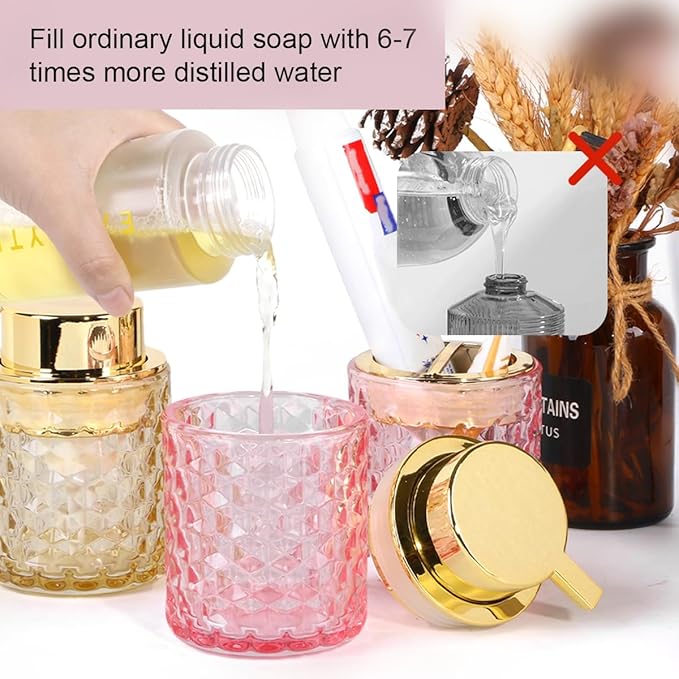 Bathroom Accessories Set 2pcs Glass Foaming Soap Dispenser and Toothbrush Holder for Bathroom Countertop, Pink Glass Bathroom Assessory Set with Gold Decor