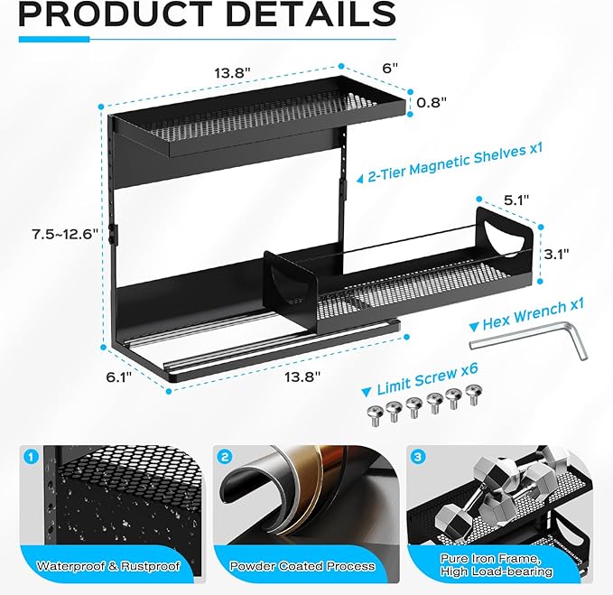 Heavy-Duty Magnetic Shelf With Pull-Out Drawers for Washing Machines, Dryers and Fridge; Height-adjustable Magnetic Shelf, Ideal for Storage in Laundry Rooms, Kitchens, and Living Rooms (Black)