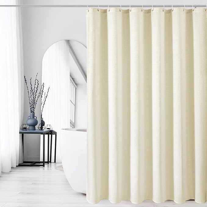 Gibelle Beige Shower Curtain, 230GSM Waffle Weave Textured Fabric Shower Curtain for Bathroom - Soft Cloth & Hotel Spa Luxury, Water Repellent, Machine Washable, 72X72, Ivory