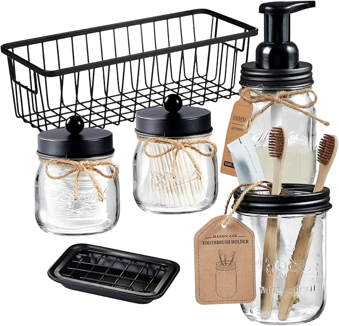 SheeChung 6Pack Mason Jar Bathroom Accessories Set - Foaming Soap Dispenser, Toothbrush Holder, 2Pack Qtip Holders, Bathroom Sink Set, Guest Towel Holder- Black