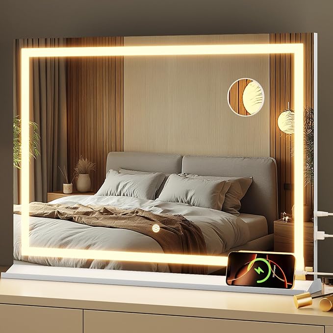Memobarco Vanity Mirror with Lights, 24" x 32" Makeup Mirror with 3 Color Modes 5X Magnification & USB/Type-C Charging Port, Large LED Mirror for Bedroom Tabletop & Wall Mounted
