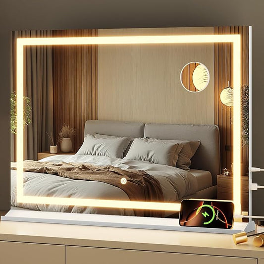 Memobarco Vanity Mirror with Lights, 24" x 32" Makeup Mirror with 3 Color Modes 5X Magnification & USB/Type-C Charging Port, Large LED Mirror for Bedroom Tabletop & Wall Mounted