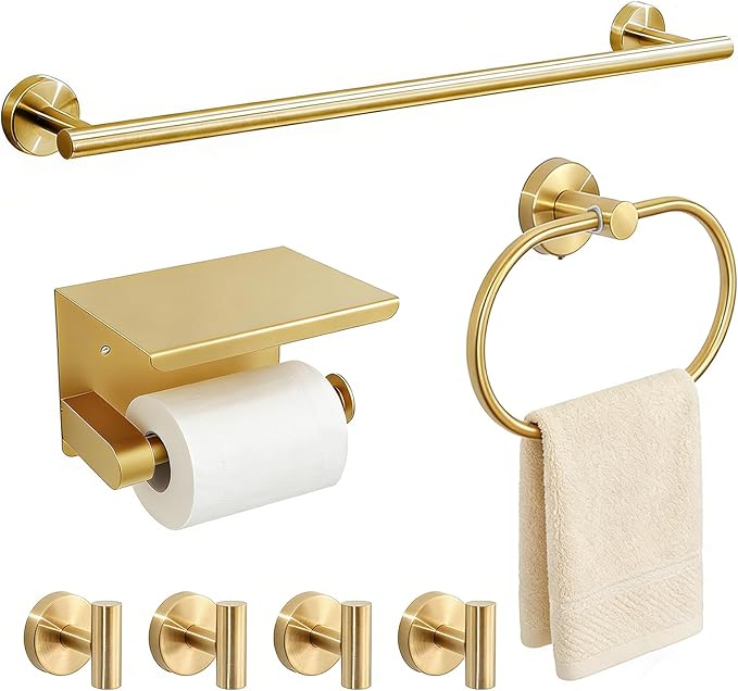 7-Piece Bathroom Hardware Accessories Set SUS304 Stainless Steel Towel Bar Set Wall Mounted 25.9-Inch Towel Rack, Towel Ring, Toilet Paper Holder with Shelf & 4 Hooks, Golden