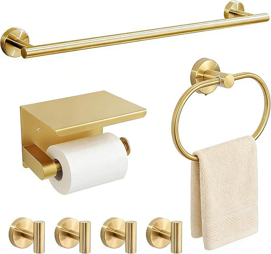 7-Piece Bathroom Hardware Accessories Set SUS304 Stainless Steel Towel Bar Set Wall Mounted 25.9-Inch Towel Rack, Towel Ring, Toilet Paper Holder with Shelf & 4 Hooks, Golden