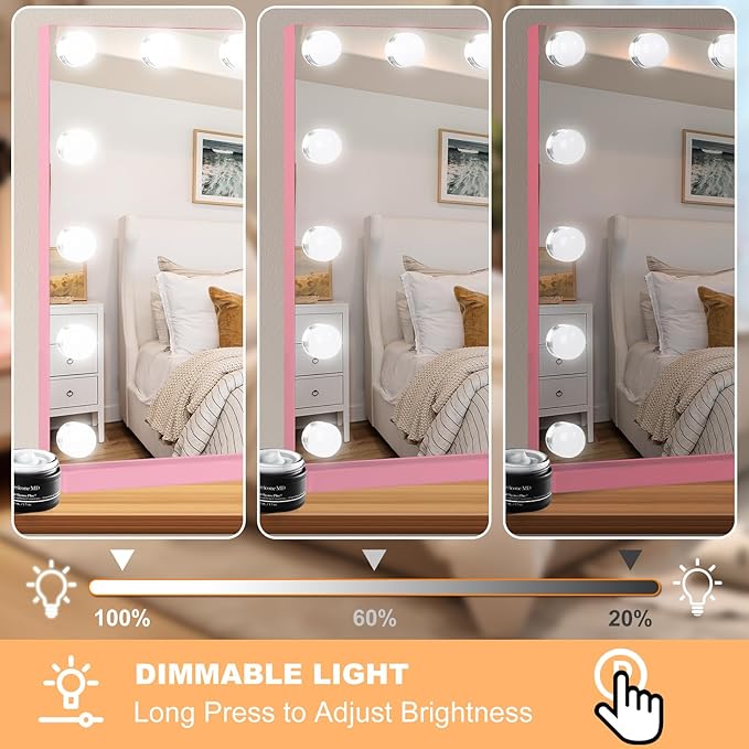 Moonee Pink Vanity Mirror with Lights, Hollywood Lighted Makeup Mirror with 15 Dimmable Bulbs and 10X Magnification, 3 Colors Modes, Aluminum Metal Frame, Light Up Mirror for Tabletop/Wall（23" x 18"）