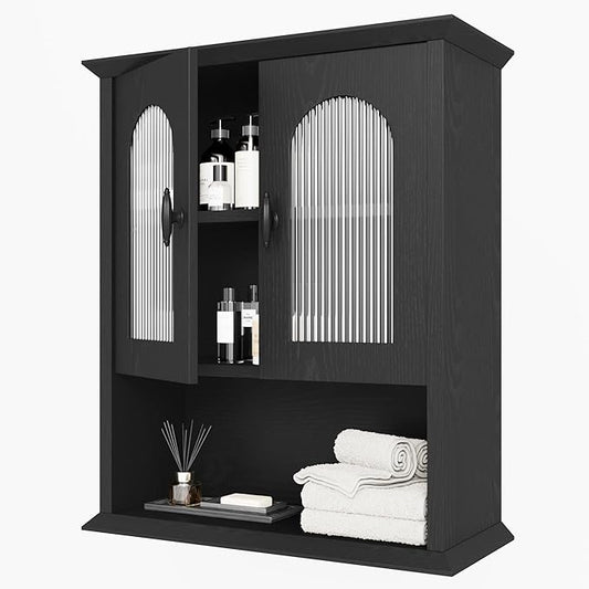 CJL Bathroom Wall Cabinet with Fluted Door, 18.9'' x 23.6'' Medicine Cabinet, Over The Toilet Storage Cabinet, Black