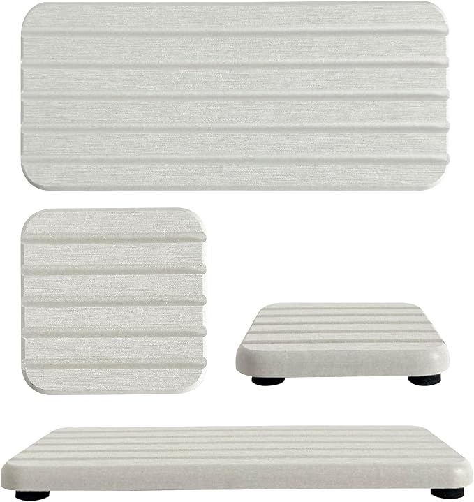 NiuYichee Set of 4 Water Absorbing Stone Trays for Kitchen Sink, Quick-Drying Stone Soap Tray, Diatomite Bathroom Soap Dish, 2pcs 3.15" x 3.15" + 2pcs 7.1" x 3.15", Light Grey