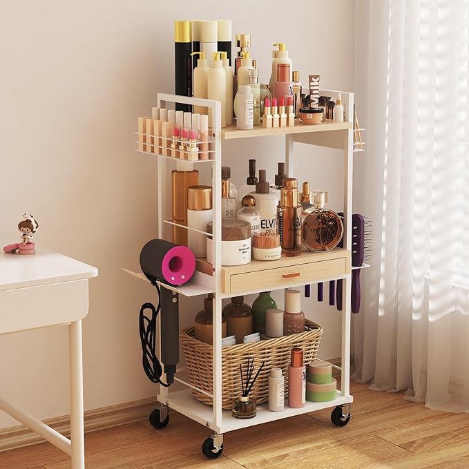 Makeup Organizer Cart with Wooden Drawer, 2-in-1 Floor Skincare Organizers with Jewelry Storage, 16.5'' L x 11.8'' W x 34.2'' H Large Make Up Organizers Vanity Organizer for Skin Care Hair Tool
