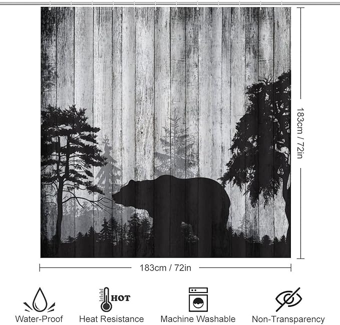 Rustic Black Bear 4 Piece Shower Curtain Sets, Non-Slip Rugs, Toilet Lid Cover and Bath Mat, Durable and Waterproof, for Bathroom Decor Set One Size
