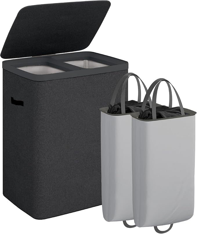 CASAMAYA Laundry Basket with Lid, Laundry Hamper 2 Section, 170L collapsible Laundry Organizer, Easy Assembly, with Handles and Removable Liners, 22 x 15.7 x 29.5 Inches, Black JSP903B
