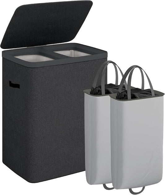 CASAMAYA Laundry Basket with Lid, Laundry Hamper 2 Section, 170L collapsible Laundry Organizer, Easy Assembly, with Handles and Removable Liners, 22 x 15.7 x 29.5 Inches, Black JSP903B