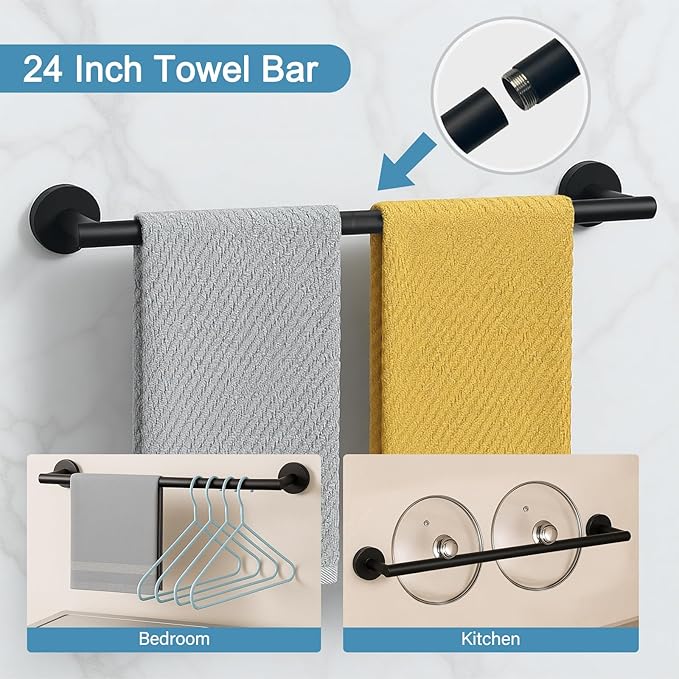 Matte Black 24in Bathroom Hardware Set, Stainless Steel Towel Bar Set, Bathroom Accessories Set Wall Mounted, Towel Racks for Bathroom, Towel Bar, Towel Ring, Robe Towel Hooks, Toilet Paper Holder
