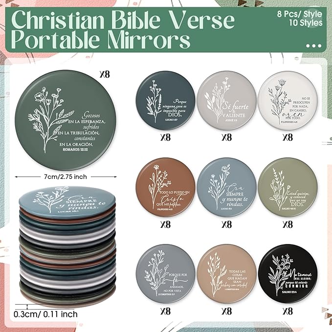 GlikCeil 80 Pcs Christian Compact Mirrors Bulk for Women Inspirational Bible Verse Pocket Mirror Mini Purse Makeup Mirror Christian Church Gift for Mother's Day Mom Church Party Favor (Spanish Bible)