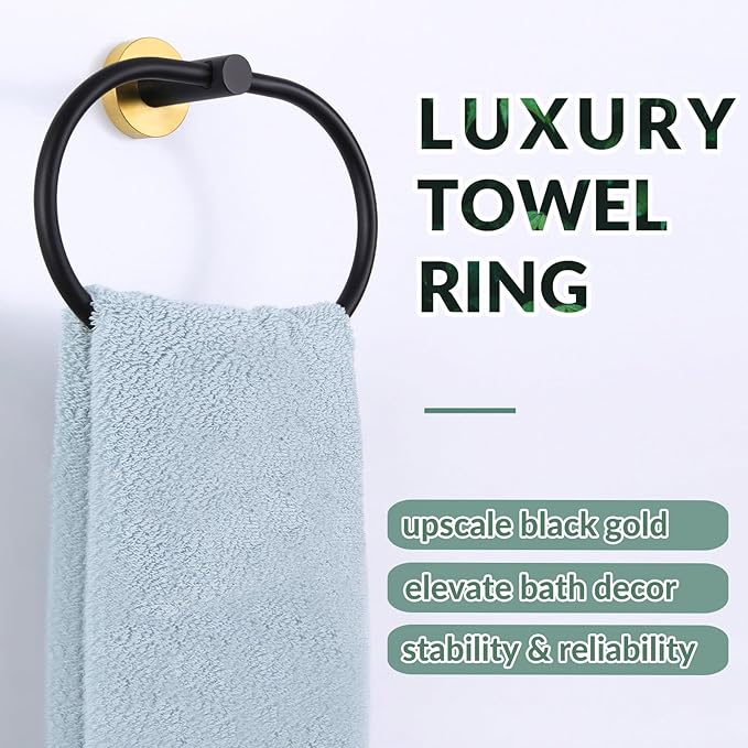 APLusee Black Gold Hand Towel Ring, Stainless Steel Hand Towel Holder for Bathroom Wall Mounted