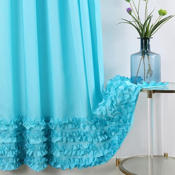 Ruffled Blue Modern Polyester Fabric Shower Curtain,Solid Boho Waterproof Decoratived Farmhouse Shower Curtains for Bathroom,72" W x Extra High 78" L