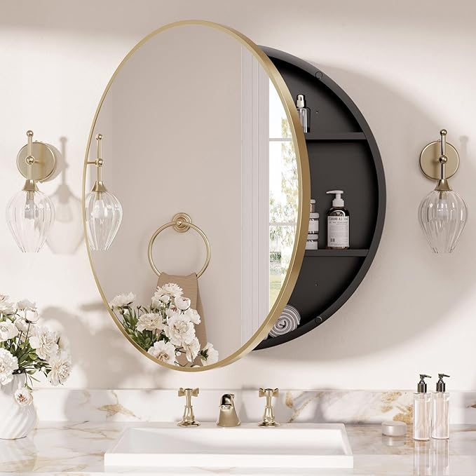 TETOTE Gold Round Bathroom Medicine Cabinet with Mirror 24 x 24 Metal Framed Medicine Cabinet with Storage Adjustable Shelves Farmhouse Wall Mirror with Storage Surface Mounted