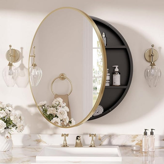 TETOTE Gold Round Bathroom Medicine Cabinet with Mirror 24 x 24 Metal Framed Medicine Cabinet with Storage Adjustable Shelves Farmhouse Wall Mirror with Storage Surface Mounted